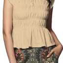 Megfie Peplum Babydoll Tops for Women Summer Going Out Top Casual Crew Neck Flowy Loose Fit Tunic Shirts Cute Blouses (Beige, M)