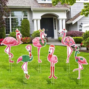 Karenhi 6 Pcs Christmas Flamingo Yard Decorations Pink Flamingo Signs with Stakes Waterproof Tropical Yard Decor for Outdoor Garden Lawn Photo Props Xmas Holiday Party Supplies