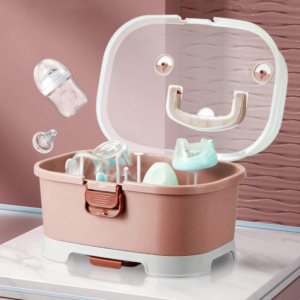 Baby Bottle Drying Rack Storage, Large Nursing Bottle Storage Box Organizer with Cover, Portable Kitchen Cabinet Organizer, Easy to Clean Drainer, Durable countertop Dryer Pink