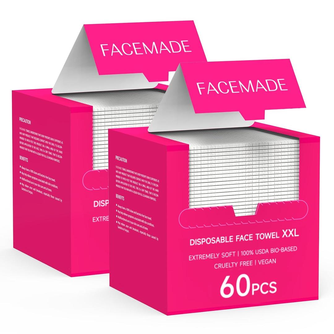 FACEMADE 120 Count XXL Disposable Face Towels 12"  12", 100% USDA Biobased Face Towelettes Disposable, Clean Facial Towels for Makeup and Clean Skin, Super Soft and Thick Dry Wipes Club