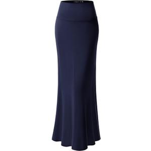 URBAN K Womens Basic Foldable High Waist Regular and Plus Size Maxi Skirts (Medium, Navy)
