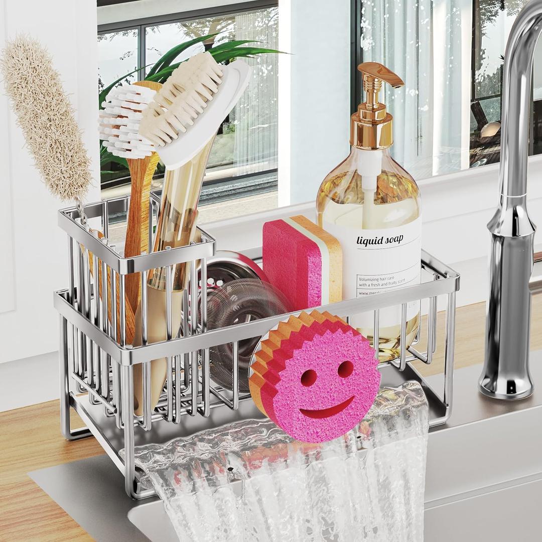 Sponge Holder for Kitchen Sink,Smiley Face Sink Caddy with Removable Brush Holder,Self-Draining Sponge Caddy for Soap,Dish Brush,Scrubber,Kitchen Essentials and Gadgets-Silver (1 Tier Silver)