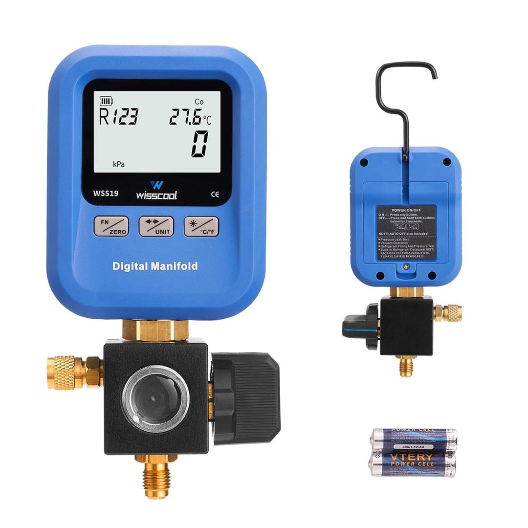 Digital Gauges HVAC, R12,R22,R134A,R410,R502,R1234y Vacuum Pressure Manifold Gauge Set with LCD Sight Glass 22 Refrigerants Leak Detection Single Test Gauge for AC Charging (Blue)