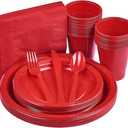 175 PCS Red Plastic Dinnerware Set Includes 50 Plates, 25 Cups, 25 Napkins, 25 Cutlery Spoons Forks & Knives, Disposable Dinnerware Set, Red Party Supplies Set