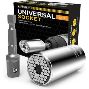 Universal Socket, Self-adjusting Socket Fits Standard 3/8'' - 1-1/16'' Metric 9mm-27mm, Adapter Socket for Wrench Ratchet & Power Drill, Tools Gifts for Men Him Husband Dad Father DIY Handyman Women