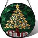 Stained Glass Window Hanging - Golden Christmas Tree Suncatcher for Doors Home Christmas Decoration Winter Sun Catcher Thanksgiving New Year Birthday Gifts for Women Men Mom Nana Girl 9.8 in (Green and Gold)