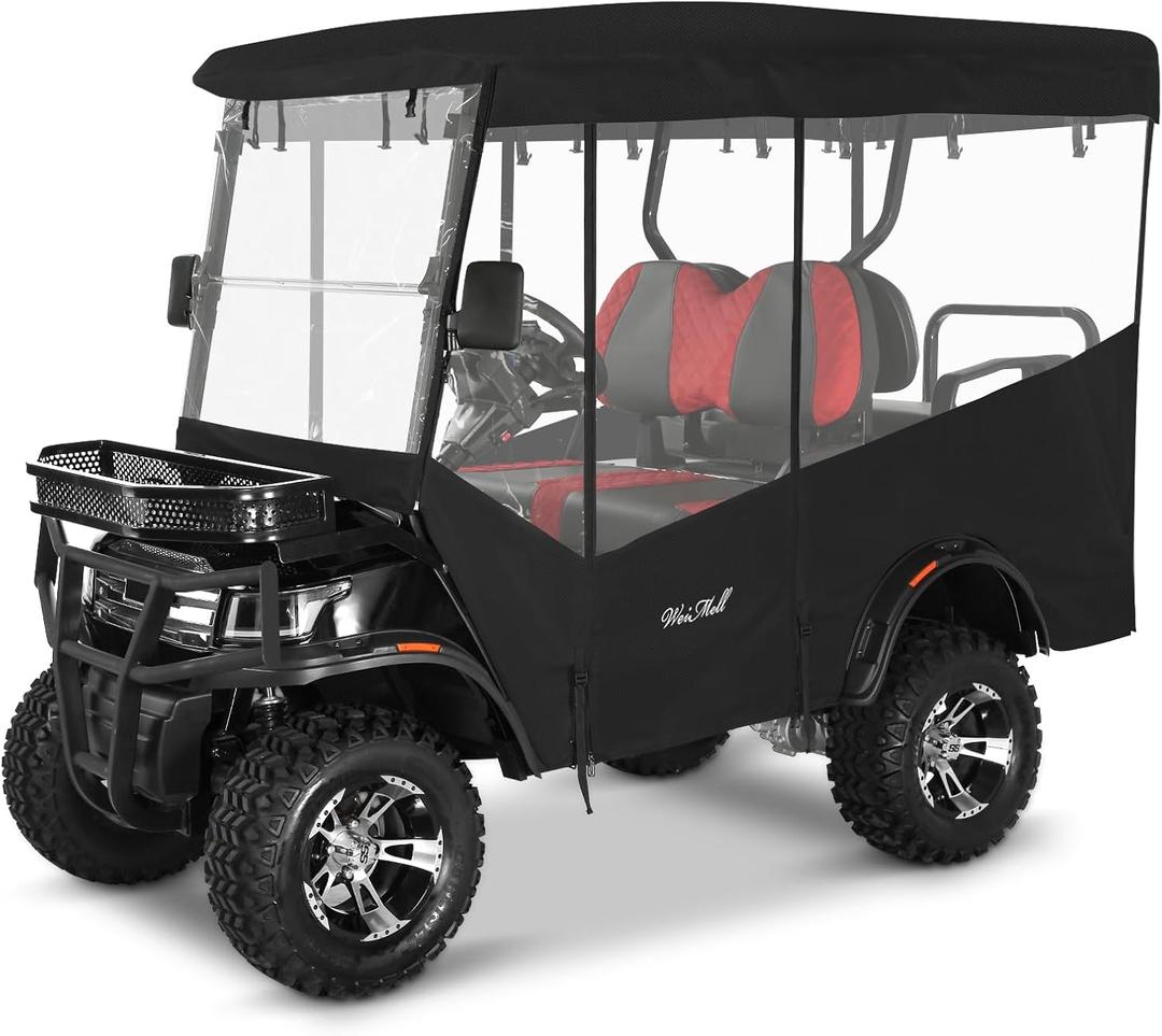 Golf Cart Enclosure 4 Passenger for EDACAR Terrain 4 Model Waterproof Transparent Driving Rain Cover Fit 4-Seater Long Roof with 4-Sided Clear Windows Mirror Openings Roll-up Zipper Door Black