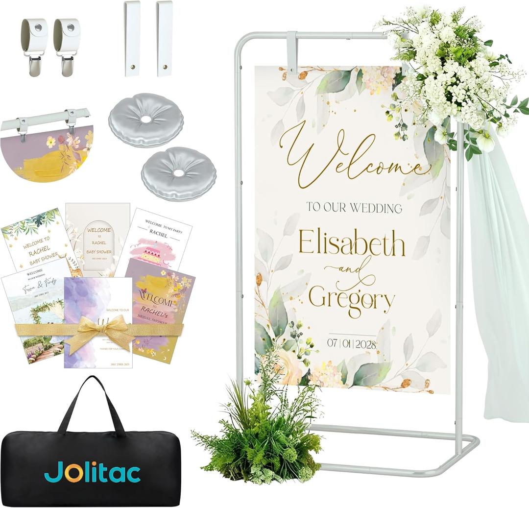 Jolitac Wedding Welcome Sign Holder, Adjustable Wedding Sign Stand Leather Hanging Straps & Design Bundle Heavy Duty Metal Easel Stand for Seating Charts, Bridal Showers, Birthday Party Displays (White)