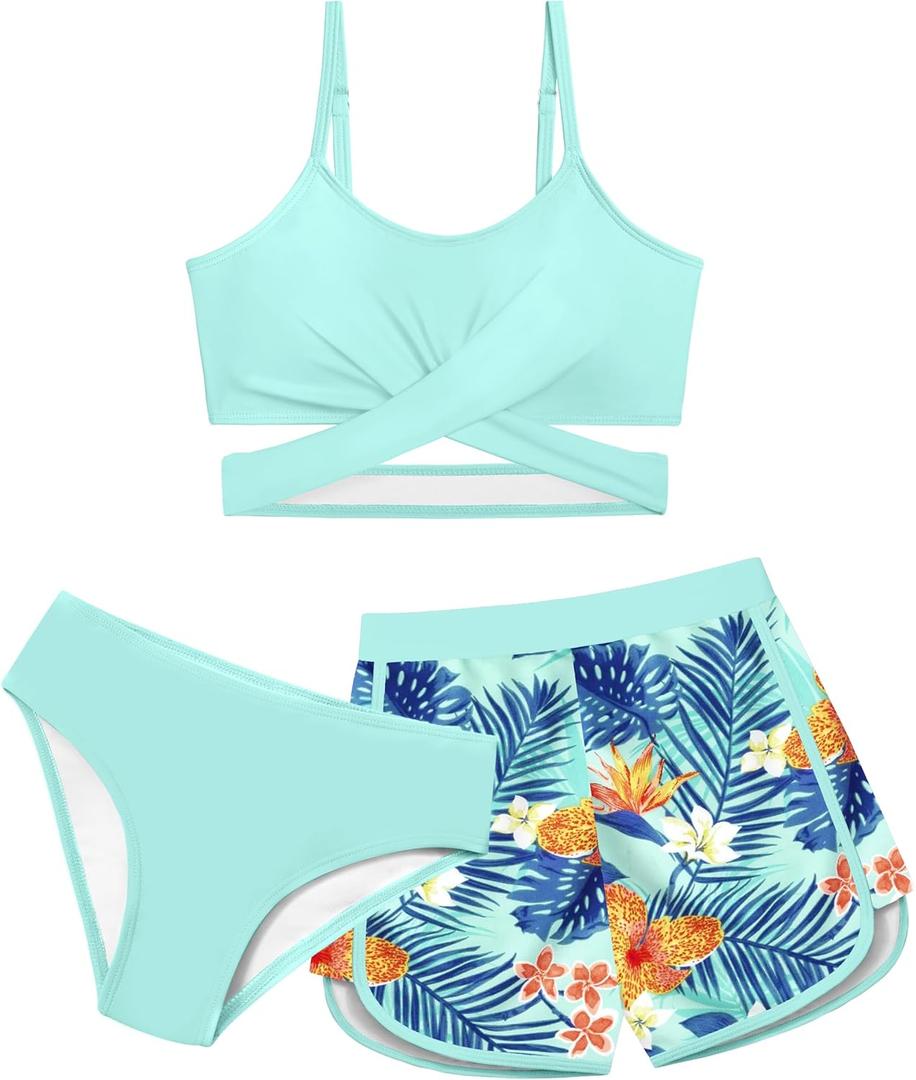 Girls Swimsuit 3 Piece Bathing Suit Criss Cross Bikini Set Girls' Swimwear with Shorts (13-14 Years, Coral Blue)
