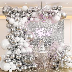 135pcs Disco Balloon Arch Garland Kit - White Silver With Disco Ball and Foil Balloons for Birthday, Graduation, Prom, 2024 Party Decorations
