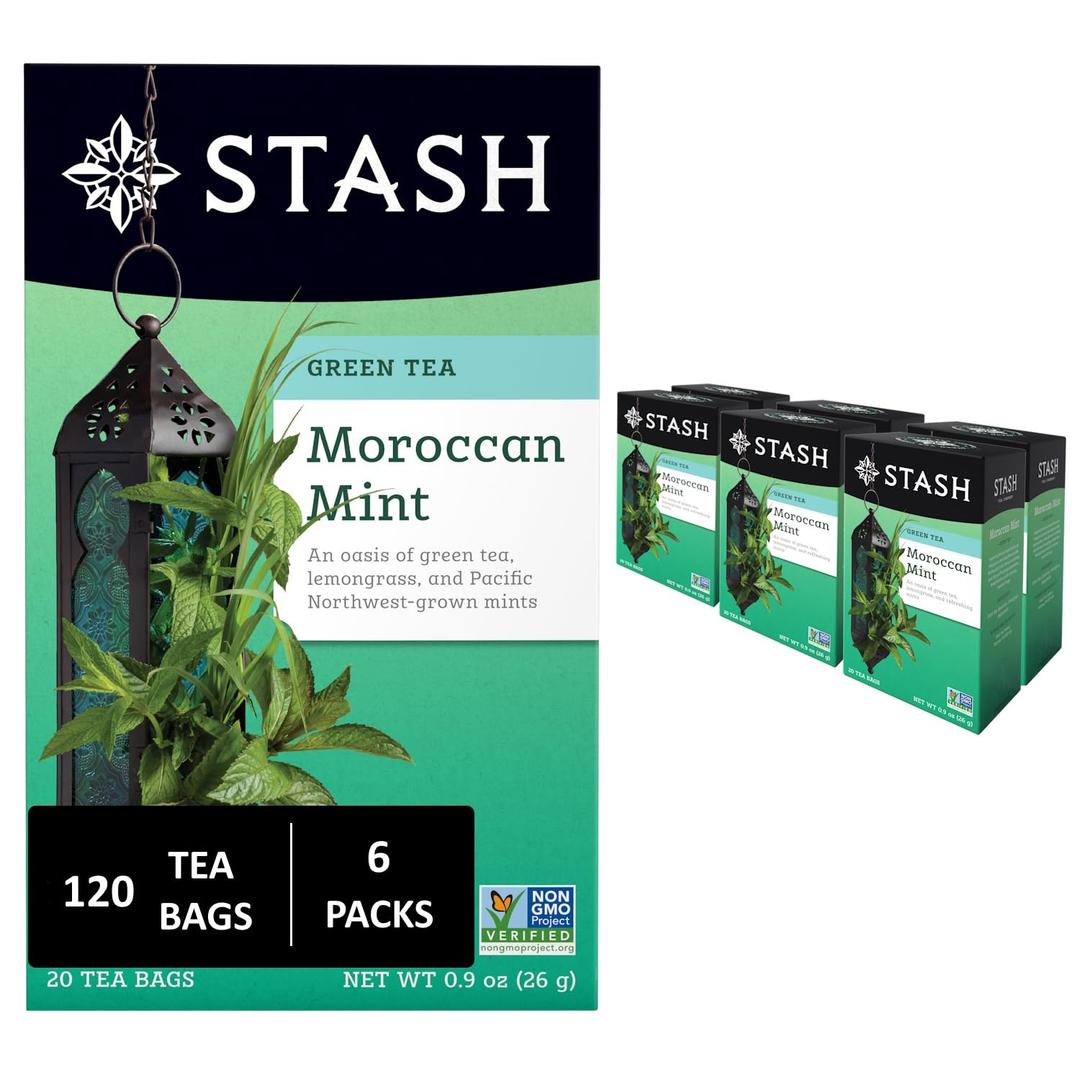 Stash Tea Moroccan Mint Green Tea - Caffeinated, Non-GMO Project Verified Premium Tea with No Artificial Ingredients, 20 Count (Pack of 6) - 120 Bags Total