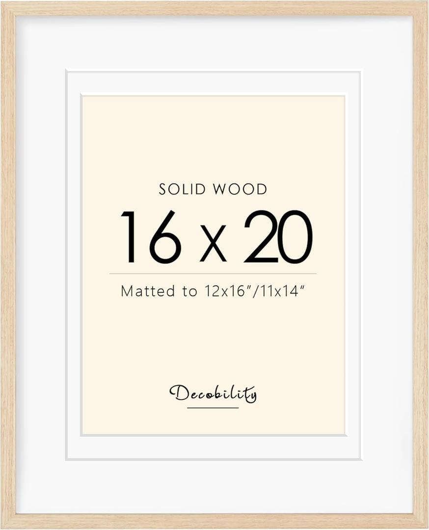 16x20 Picture Frames Matted for 11x14 and 12x16 Picture, Solid Wood with Oak Wood Grain, Double Mats Photo Frame with Plexiglass Fits 3 sizes, Tabletop or Wall Mounting Display, Oak