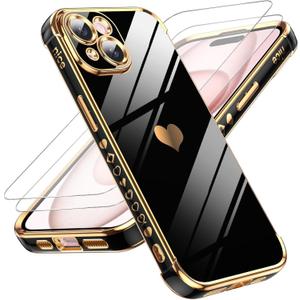 LeYi for iPhone 15 Case: with Tempered Glass Screen Protector [2 Pcs]+ Full Camera Lens Protection,Love Heart Plating Women Cute Luxury Soft TPU Shockproof Case for iPhone 15,Black 9Pcs