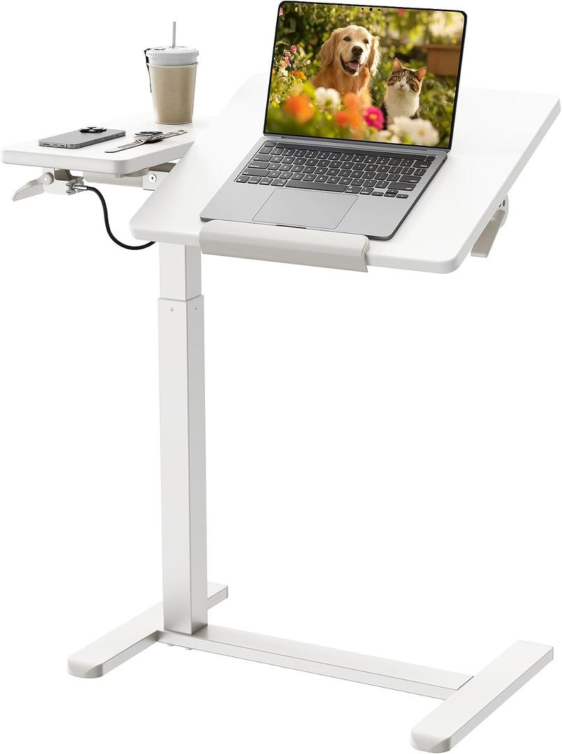 Overbed Bedside Table with Wheels, 27.9-41.3" Pneumatic Height Adjustable
