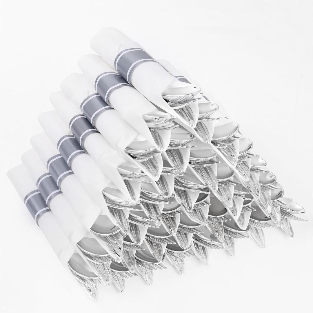 400PCS Pre Rolled Silver Plastic Silverware Sets - Heavy Duty Hammered Silver Cutlery - Include 100 Pack Wrapped Disposable Utensils with Napkins for Parties & Dinners & Weddings