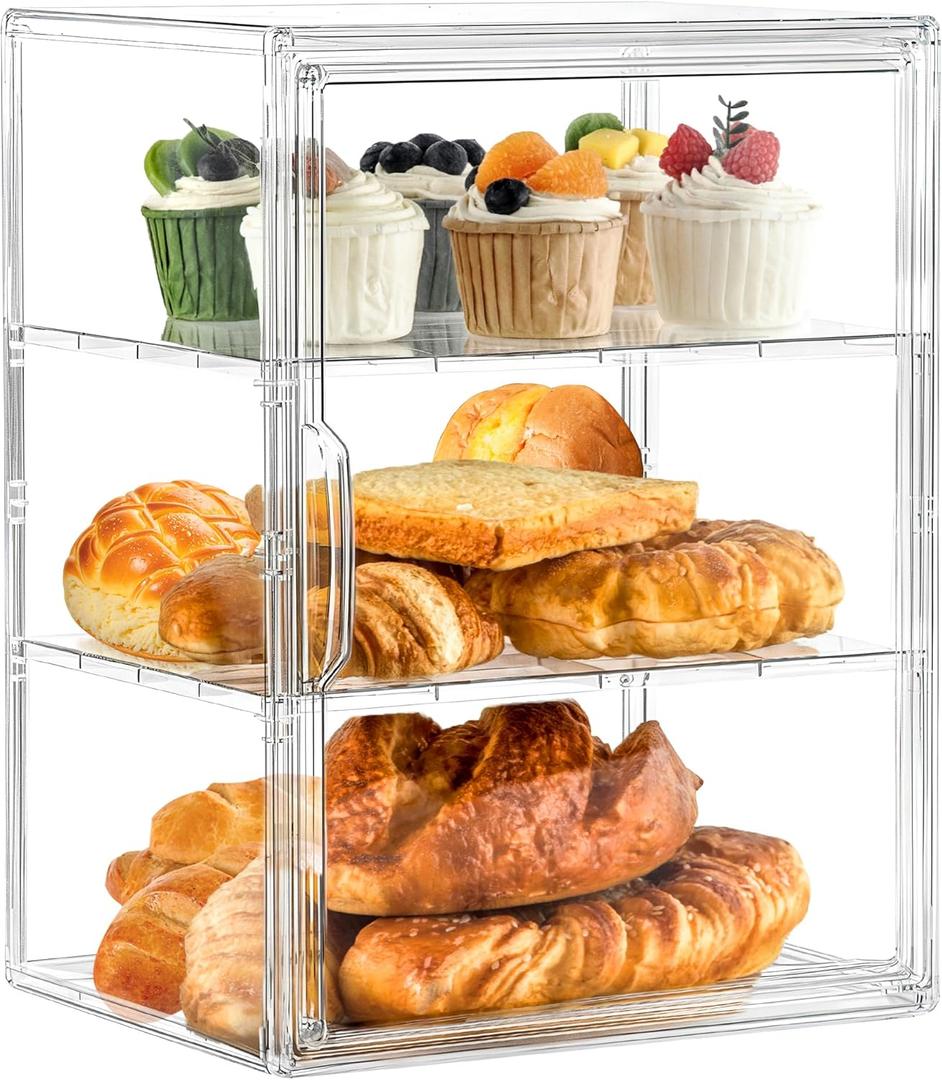 Bakery Pastry Display Case 3 Layer Large Clear Bread Box For Kitchen Countertop Bread Storage For Homemade Bread, 10.6" L x 8.7" W x 14.2" H, 1 Pack