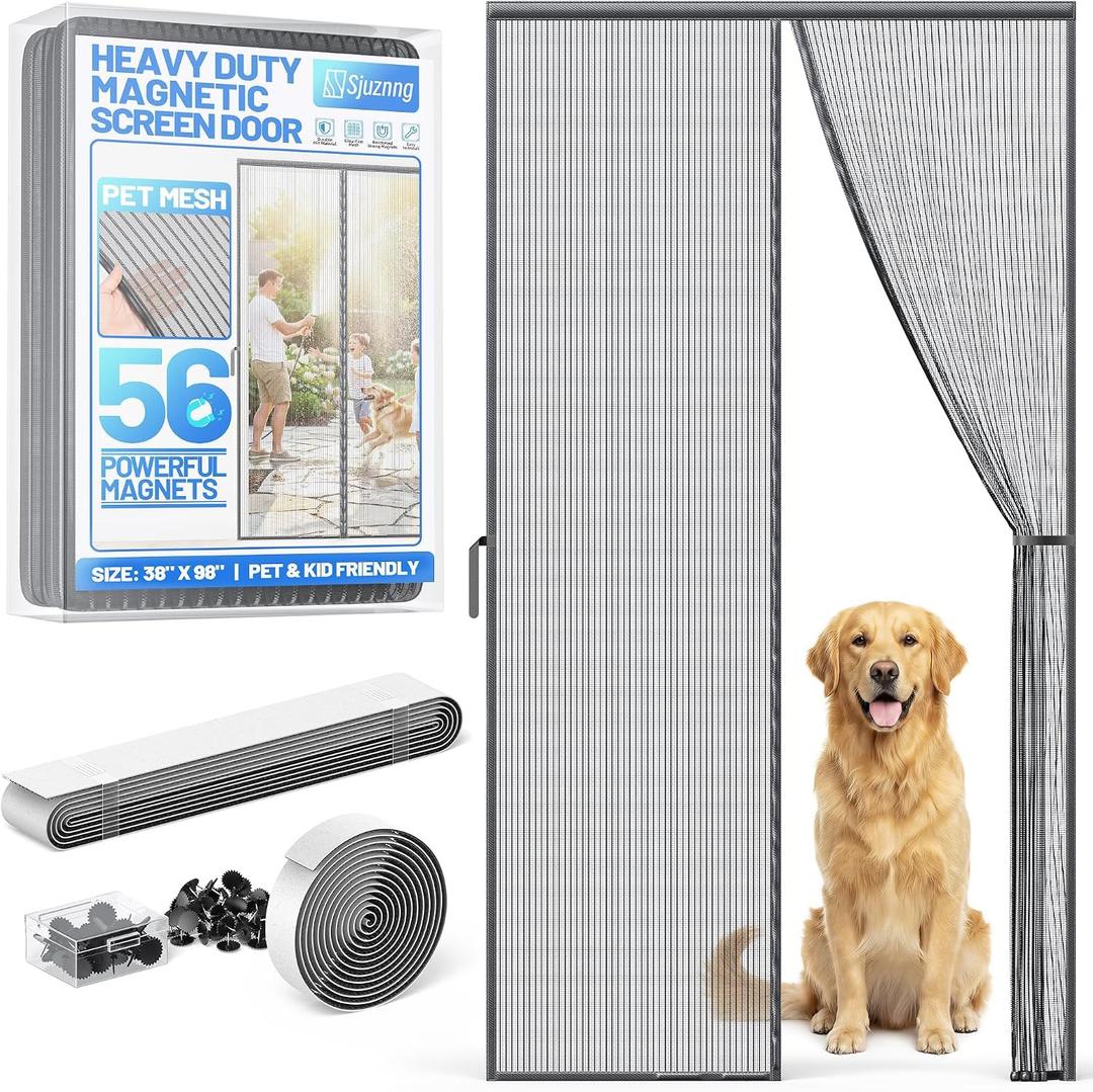 Heavy Duty Magnetic Screen Door Mesh - Auto-Sealing Hand-Free Door Net Screen with 50 Magnets, Pet & Kid Friendly, PET Fine Mesh Doors Screens Keep Bugs & Mosquitos Out Fits Front Doors Size 38" x 98" Screen Fits 36" x 96" Door