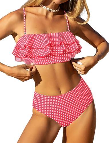 ZAFUL Layered Ruffle Bikini for Women High Waisted Bikini Sets Spaghetti Bandeau Swimsuits Padded Bathing Suit, S