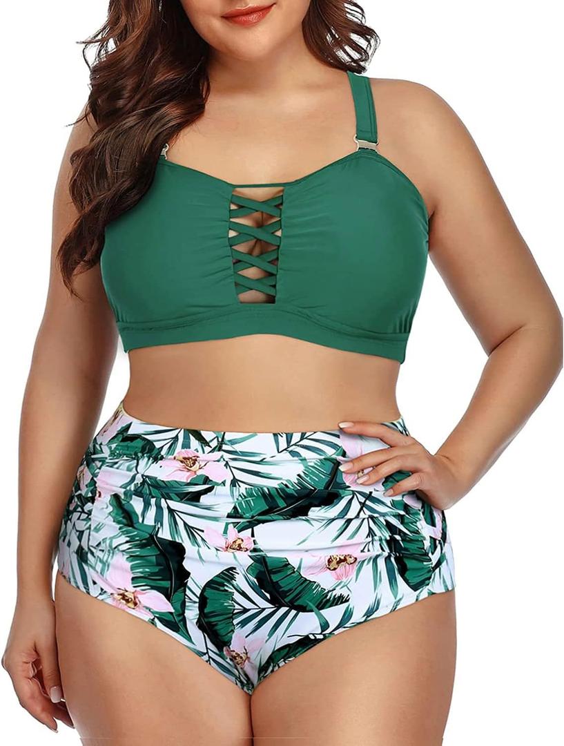 Daci Women Plus Size Two Piece Swimsuit - High Waisted Bikini Tummy Control Bathing Suit Bandeau Swimwear (Green, Size: 18 Plus)