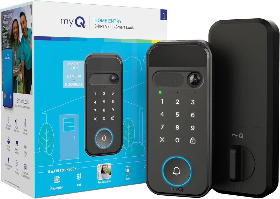 myQ Secure View 3-in-1 Smart Lock with 2K HDR Video Doorbell Camera, Face Access, Fingerprint Access, PIN & App Control  Intelligent Entry with Built-in Camera, Color Night Vision & Two-Way Audio