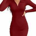 Valiamcep Women's Dress Long Sleeve V Neck Collared Ribbed Knit Bodycon Mini Pencil Dresses (Large, A Wine Red)