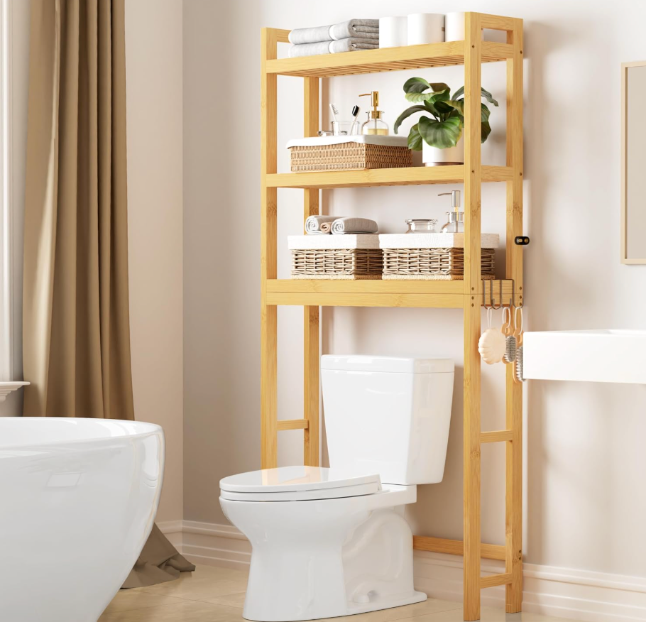 Smiry Over The Toilet Storage Cabinet, 3-Tier Bamboo Bathroom Organizers with Adjustable Shelf & 4 Hooks, Space Saving Shelf Rack for Bathrooms, Laundry Room, Balcony, Black