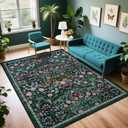 Area Rug Living Room Rugs: Floral 5x7 Washable Rug Vintage Soft Boho Non-Slip Carpet Indoor Floor Stain Resistant Large Carpets for Bedroom Dining Room Farmhouse Nursery Hallway Home Office Dark Green