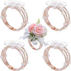 Hotop 4 Pcs Corsage Wrist Bracelet Bands Bride Pearl Rhinestone Bracelet Elastic Wrist Corsage DIY Wedding Wristband Faux Pearl Adjustable Wristband Accessory for Bridal Party Prom (Rose Gold)