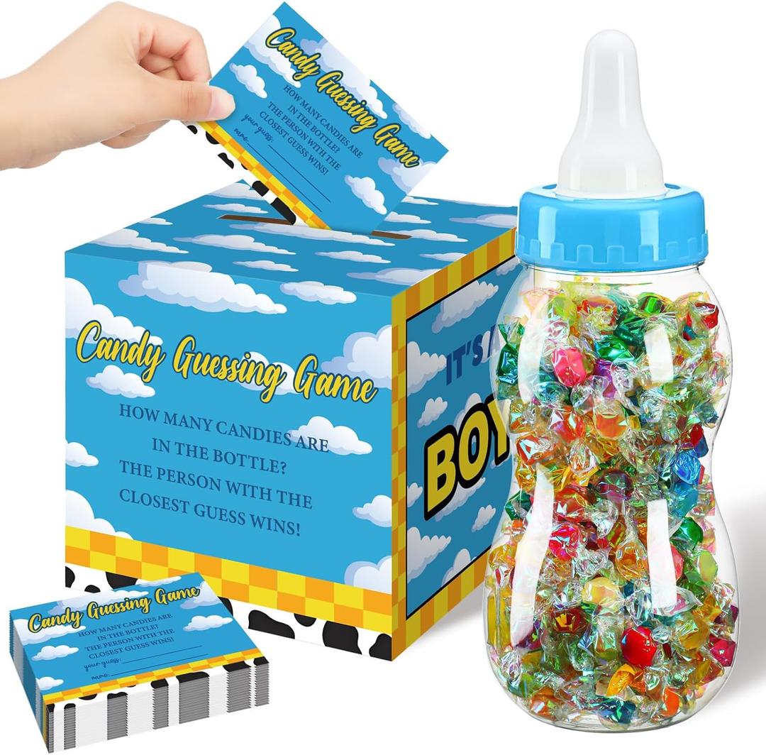 Glenmal 52 Pcs Baby Shower Games Gift Sets Large Baby Bottle for Shower Game Guess How Many Candies Decorations for Gender Reveal(Cartoon Style)