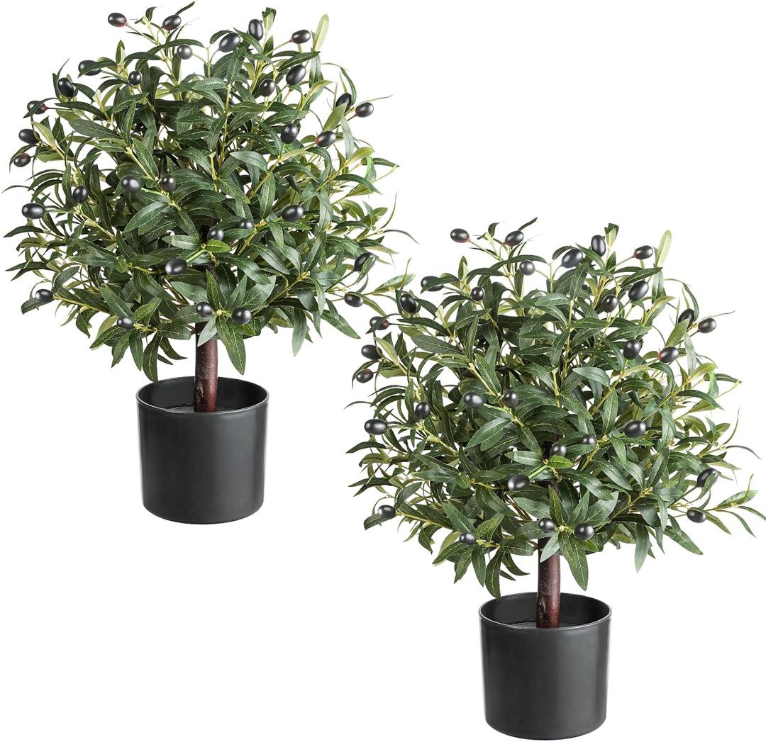 25" Tall Artificial Olive Topiary Ball Tree Set of 2 Pack, Olive Boxwood Topiary Ball Potted Bushes UV Resistant Potted Plants for Indoor Outdoor Home Garden