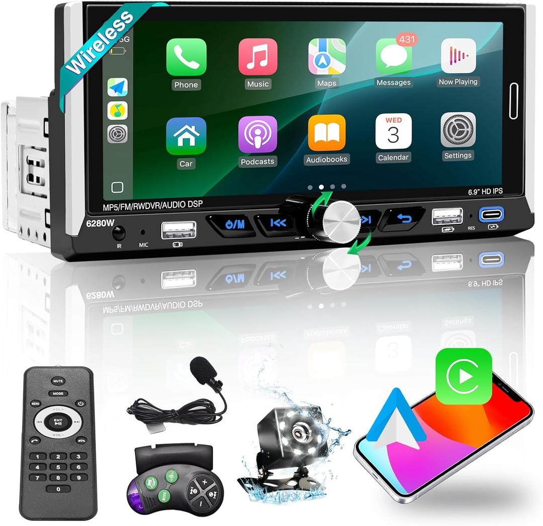 6.9" Wireless Apple CarPlay Android Auto Single Din Car Stereo, HD IPS 1280480 Touchscreen Radio, Bluetooth 5.0, FM Radio, Night Vision Weatherproof Backup Camera, USB, AUX(Extra MIC), Type-C