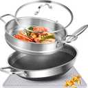 AOSION Hybrid 13 inch Stainless Steel Wok with Steamer, PFOA Free Cookware, Nonstick Wok Pan & Stir-Fry Pans with Lid and Draining Mat, Works on Induction, Dishwasher & Oven Safe