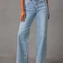 Womens Wide Leg Jeans Mid High Waisted Baggy Straight Leg Stretchy Denim Pants Seamed Long Trousers (Blue)
