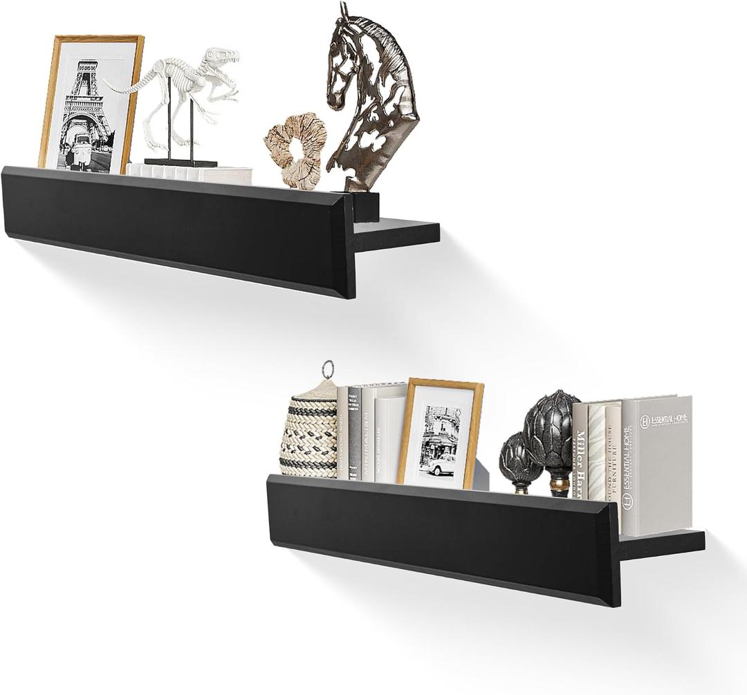 24 Inch Picture Ledge Shelf with Lip,Floating Shelves for Wall, Set of 2 Solid Pine Wood Shelves with Invisible Brackets, Wall Storage for Living Room, Bedroom, Kitchen, Bathroom(Black)