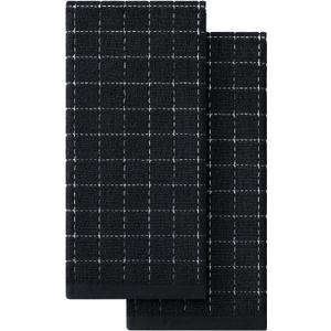 Homaxy 100% Cotton Terry Kitchen Towels(Black, 13 x 28 inches), Checkered Designed, Soft and Super Absorbent Dish Towels, 2 Pack
