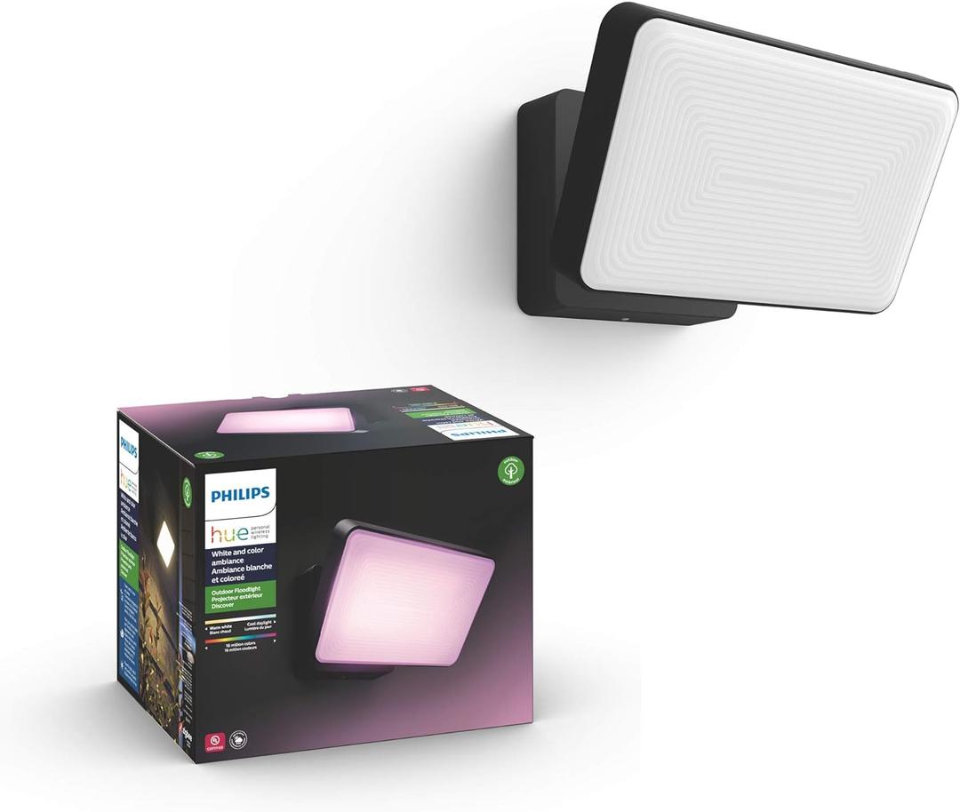 Philips Hue Discover Outdoor Smart Flood Light Fixture, Black - 15W, White and Color Ambiance LED Color-Changing Light - 1 Pack - Requires Hue Bridge - Control with Hue App and Voice - Weatherproof