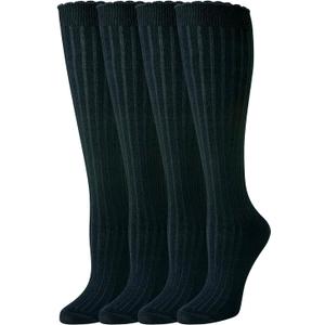 Amazon Essentials Women's Comfortable Casual Cotton Knee High Socks with Scallop Detail, 4 Pairs, Black, 6-9