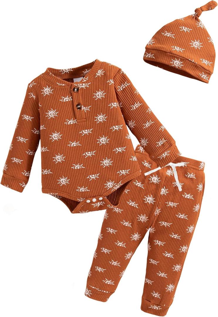 NZRVAWS Newborn Baby Boy Clothes Ribbed Knitted Romper Pants Color Block Infant Outfits Hat Clothing Set 0 3 6 9 12 Months (Brown-long)