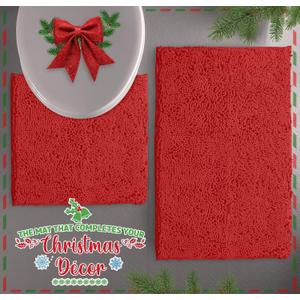 LuxUrux Red Christmas Bathroom Rugs Sets 2 Piece: Quick Dry, Soft Plush Anti-Slip, Super Absorbent. Includes Rectangular (31x20 inches) & U-Shaped Toilet Mat (20x20 inches) | Red