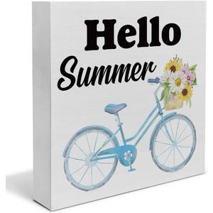 Summer Decor, Hello Summer Decorations Floral and Bicycle Decorations Wooden Sign Summer Home Decor Indoor for Desk Table Shelf 5 X 5 Inches