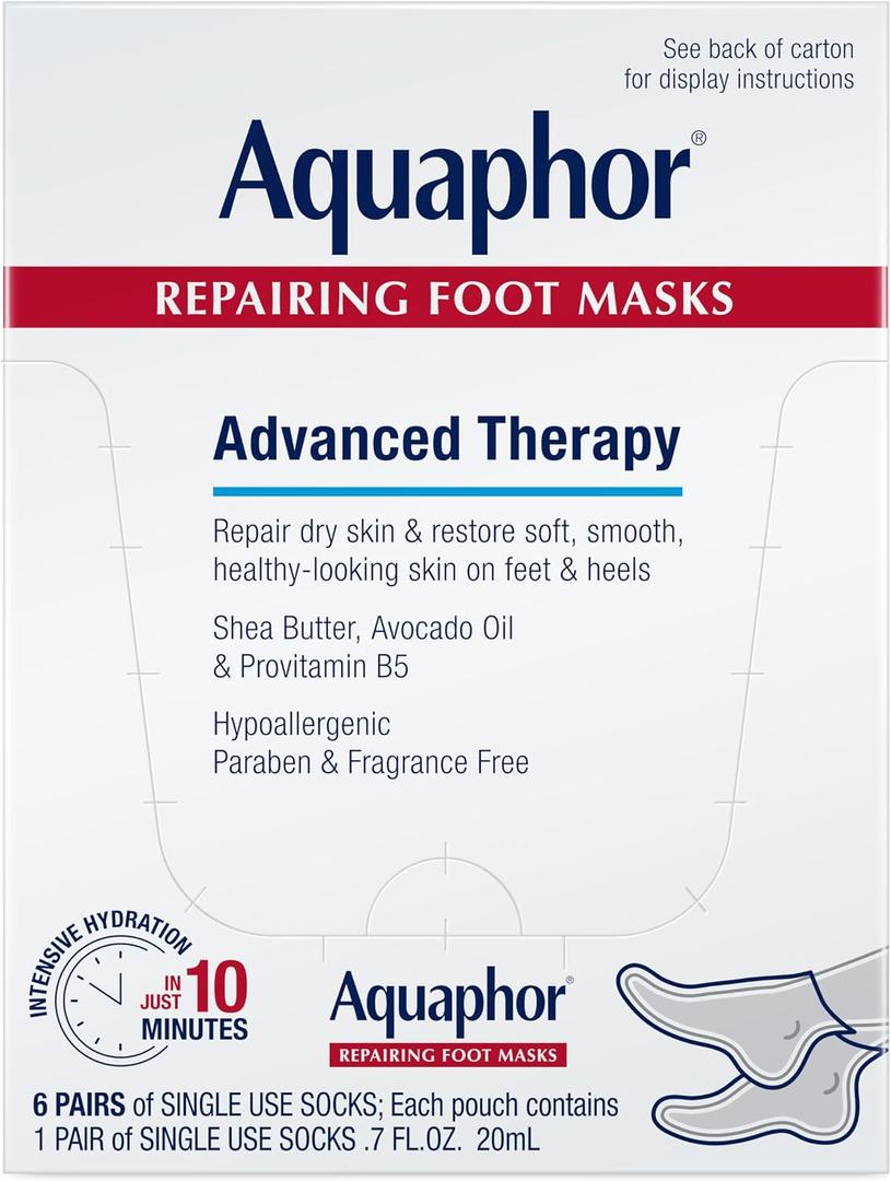 Aquaphor Repairing Foot Masks, Moisturizing Socks for Dry Feet, Hydrating Foot Care Treatment with Avocado Oil and Shea Butter, Pack of 5