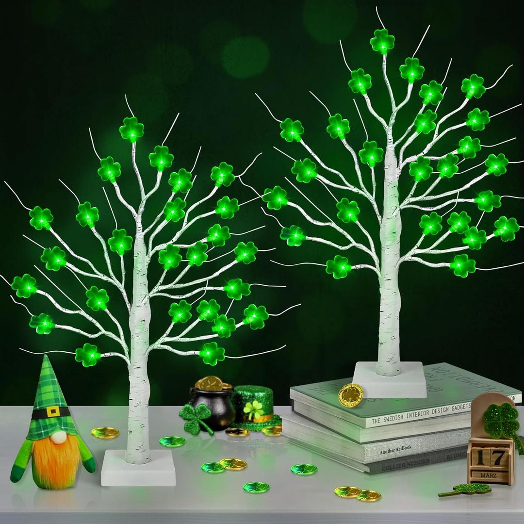St Patricks Day Decorations 2 Pack 24 Inch Shamrock Tree Lights, USB or Battery Operated Saint Patricks Day Decor Tree with 24 LED Shamrock Lights, St. Patrick's Day Lights for Home Party Table Office