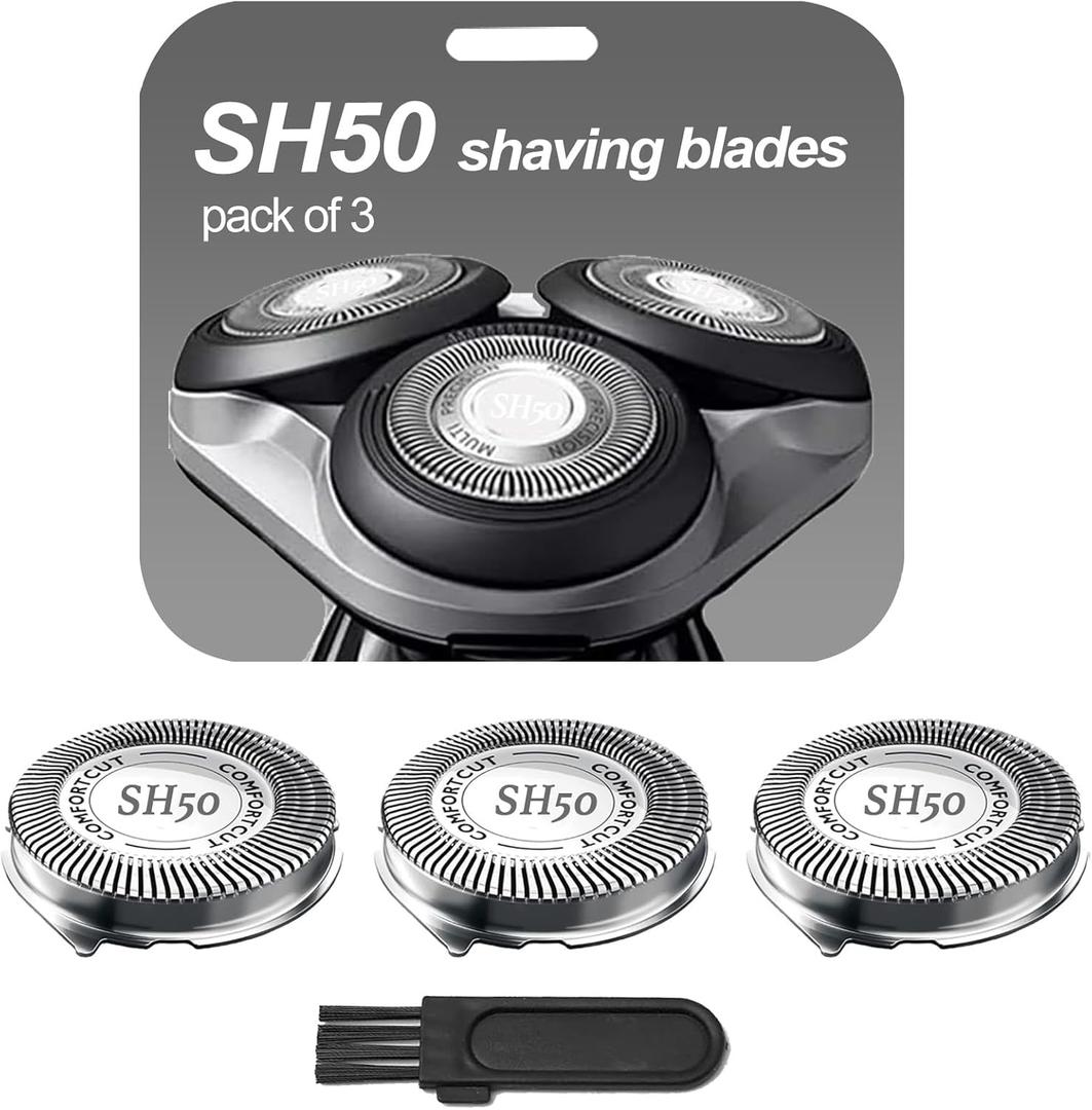 SH50 Shaver Replacement Heads Compatible with Philips Norelcos Series 5000 Razors, Rotary Replacement Blades with High Performance - Fast, Smooth and Close, 3Packs. (Silver)