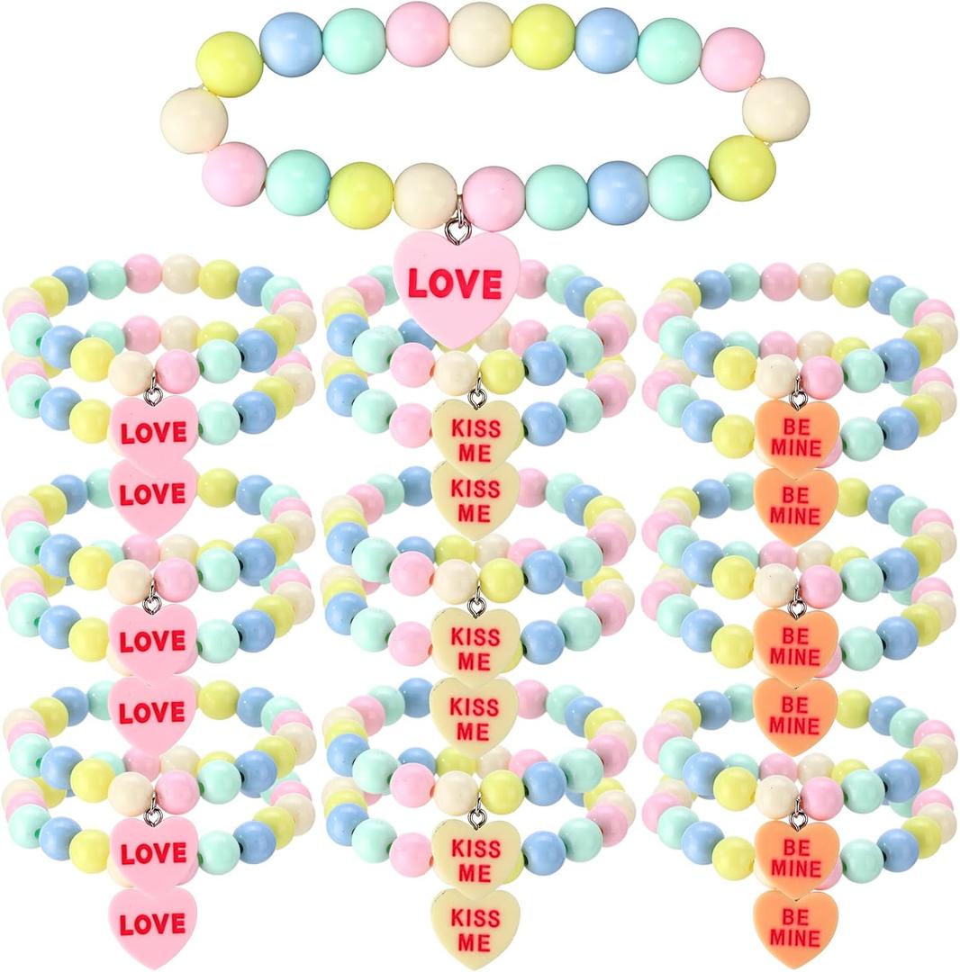 Huquary Happy Birthday Candy Bracelets Bulk Summer Candy Heart Bracelet Gift Plastic Beads Jewelry Love Heart Charm for Birthday Gift Exchange Party Favors