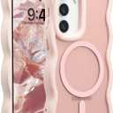 UEEBAI Magnetic for Samsung Galaxy S24/S25 5G Case, Cute Cover Compatible with MagSafe, Transparent Clear Wave Design Wavy Frame Matte Phone Case- Pink