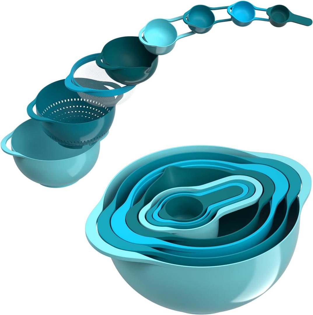 Mixing Bowls-Plastic Nesting Mixing Bowl Set of 8, Kitchen Gadgets for Apartments Space Saving, Including Measuring Cups Sifter Colander, Easy Storage Cooking Baking, Rv Camper Accessories, No BPA (Blue Cyan)