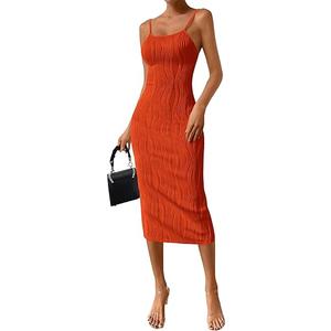 PRETTYGARDEN Summer Dresses for Women Sleeveless Bodycon Dress Textured Back Slit Sexy Cocktail Party Beach Vacation Clothes, S, Orange