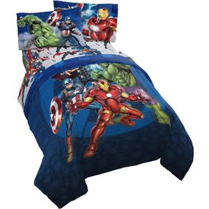 Marvel Avengers Blue Circle 5 Piece Full Bed Set  Includes Reversible Comforter & Sheet Set  Bedding Features Captain America & Iron Man  Fade Resistant Microfiber (Official Marvel Product)