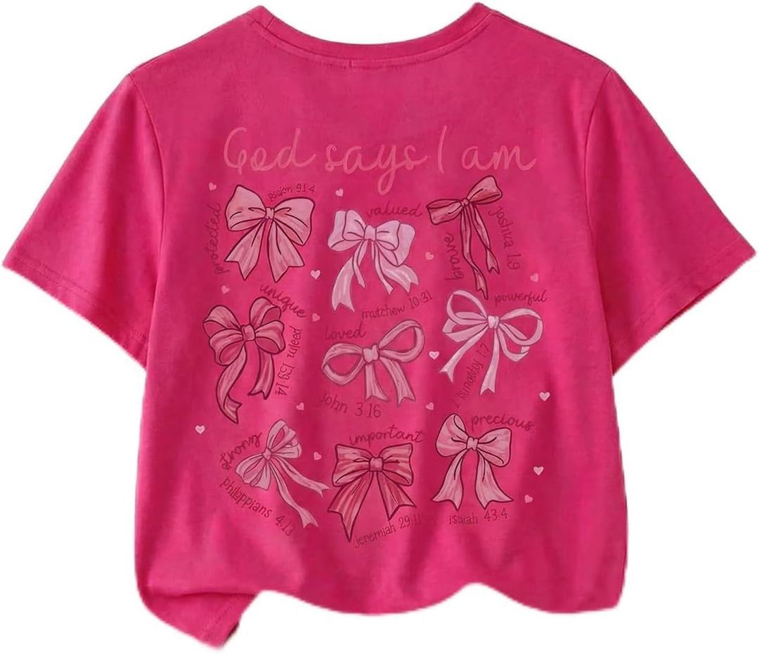 SOLY HUX Girl's Summer Short Sleeve Bow Graphic Tee Shirts | Crew Neck, Loose Fit, Casual, Cute Tops For Teens, Preppy Clothes For Girls 10-12