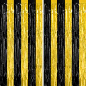 2 Pack Graduation Backdrop, 3.28 FT x 7.05 FT Black and Gold Foil Fringe Curtains, Metallic Foil Curtain Graduation Backdrop, Grad Party Supplies Black and Gold Party Decorations Class of 2026